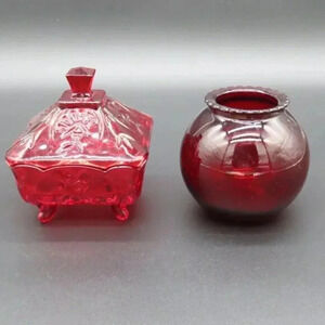 Red Glass Vase and Covered Candy Trinket Dish Set of two